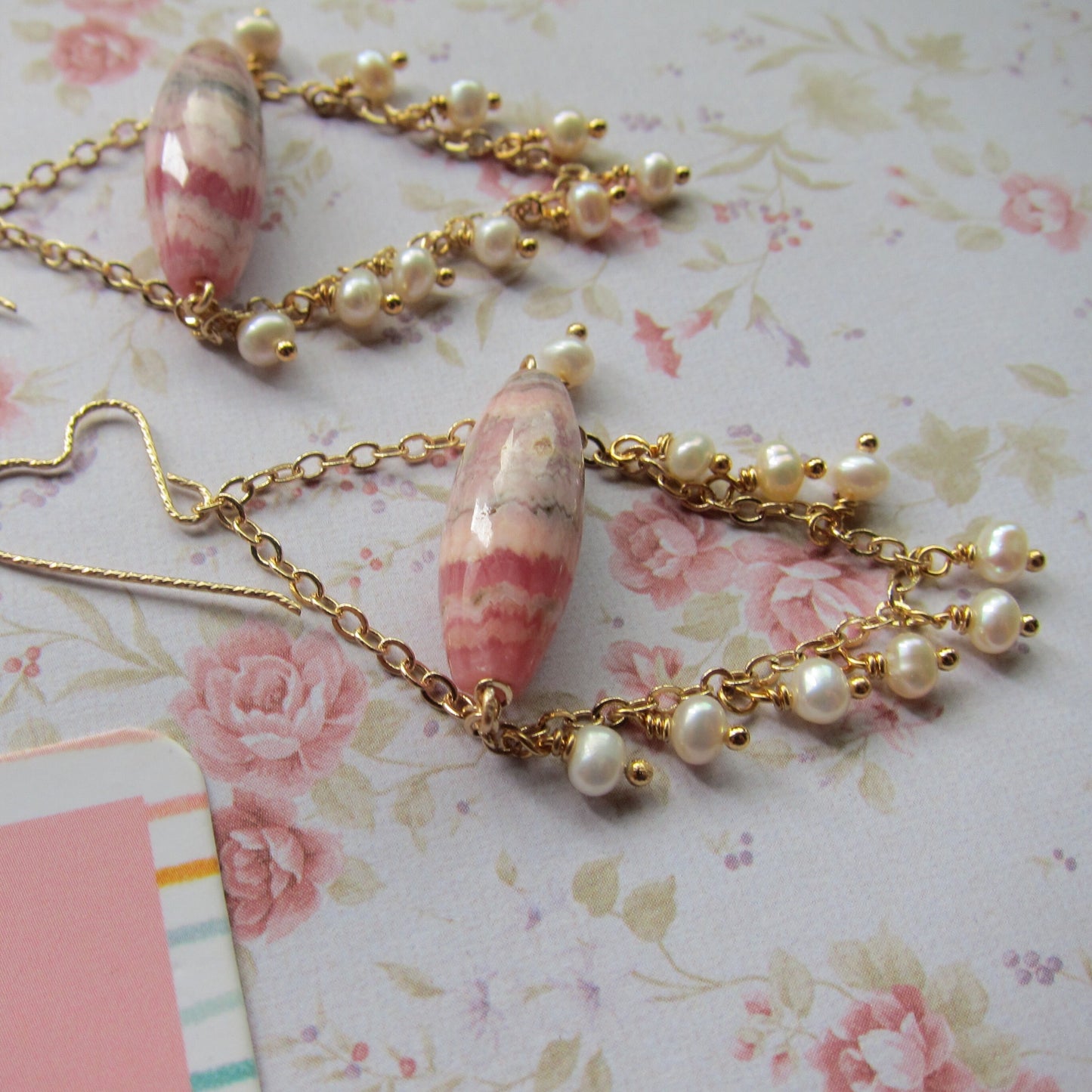 Rhodochrosite with fresh water pearl gemstone chandelier earrings