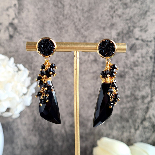 Black Onyx with Black Spinel Cluster Earring on Black pave stud