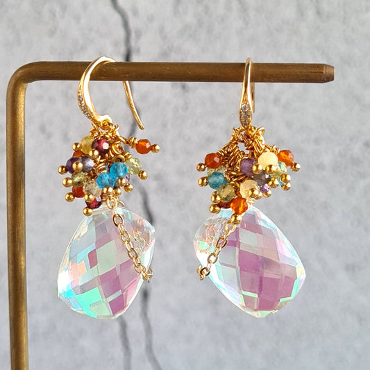 Rainbow Quartz Brick with Rainbow Gemstone Cluster Earrings