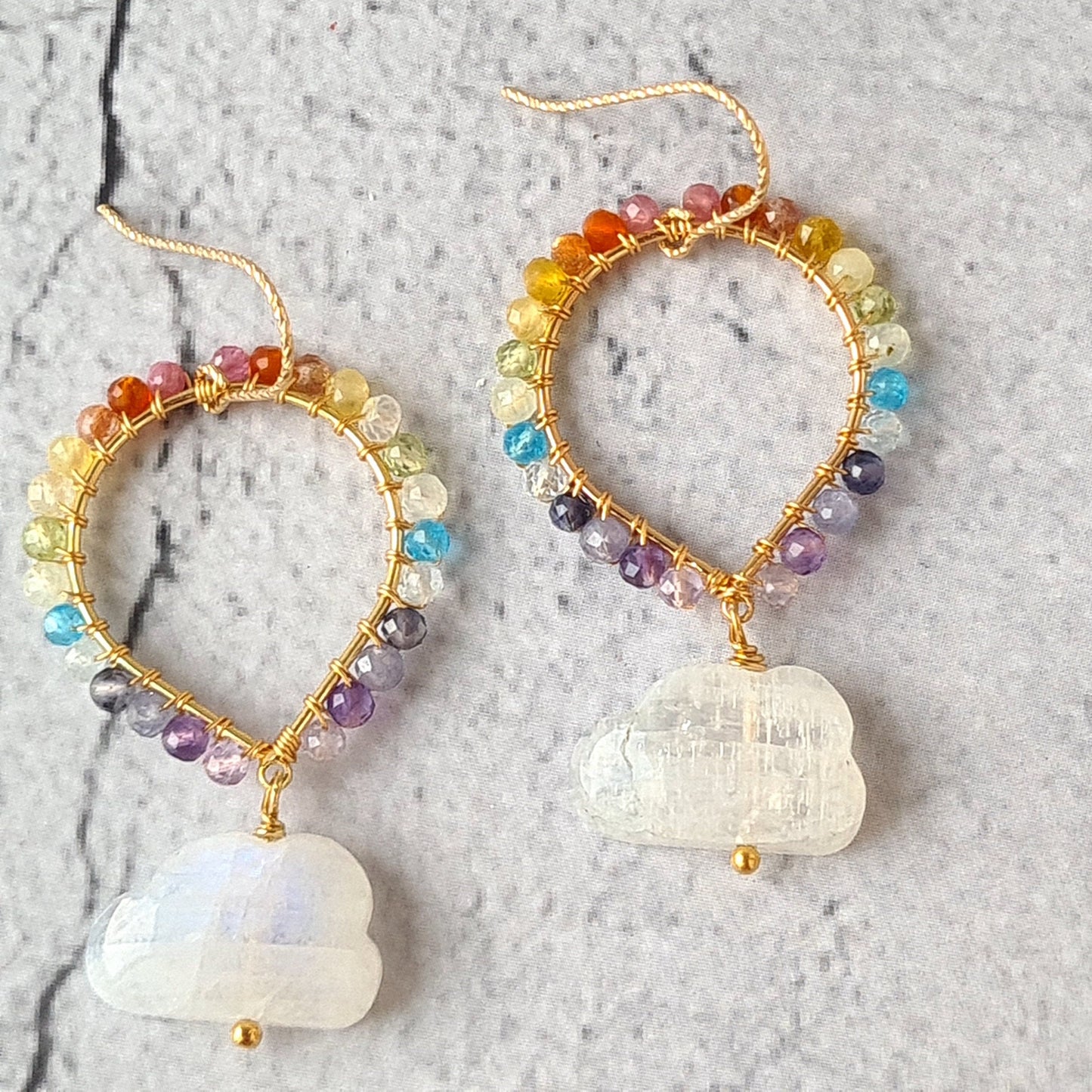 Rainbow Gemstone over Rainbow Moonstone Cloud Earrings