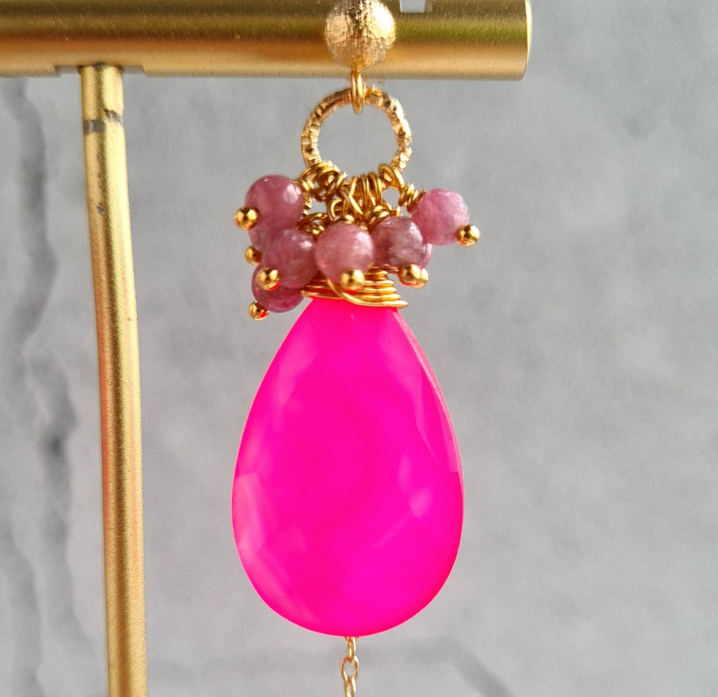 Dark Pink Chalcedony with Tourmaline Cluster Gemstone Earrings