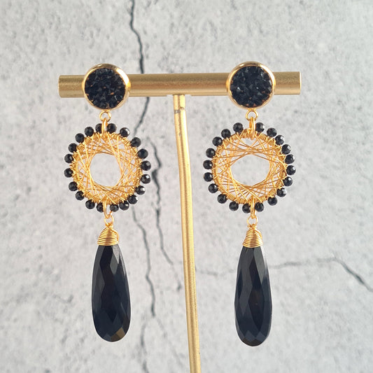 Maze with Tear Drop Black Onyx & Black Spinel Gemstone Earrings