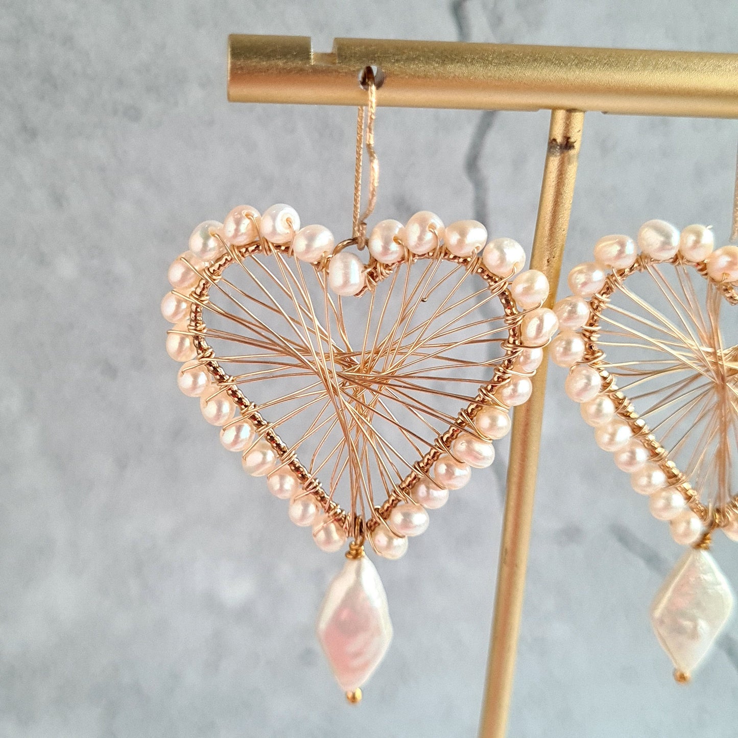 Heart Maze Frame embellished with fresh water pearl, with a diamond fresh water pearl drop, hung on a heart shape ear wire